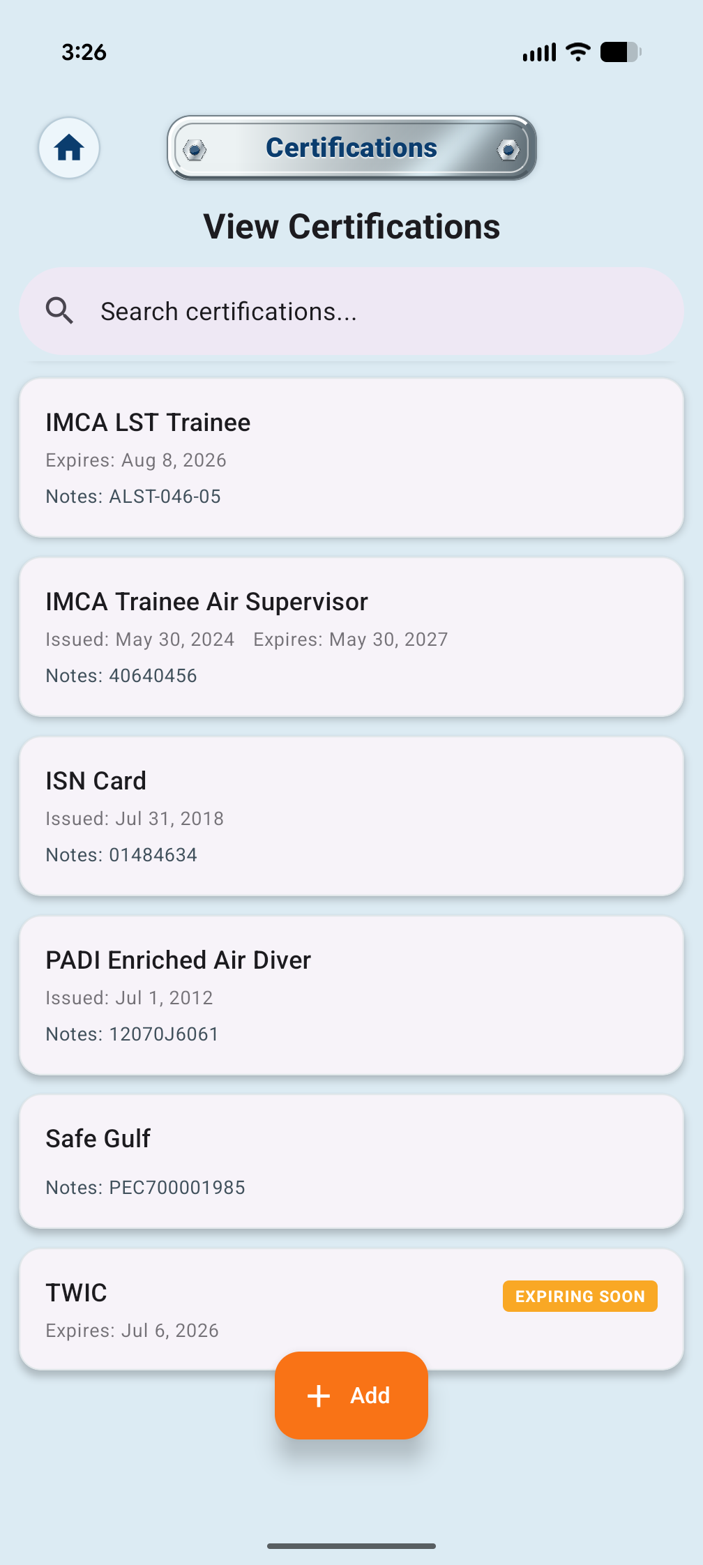 HagaLog certification list with expiration status