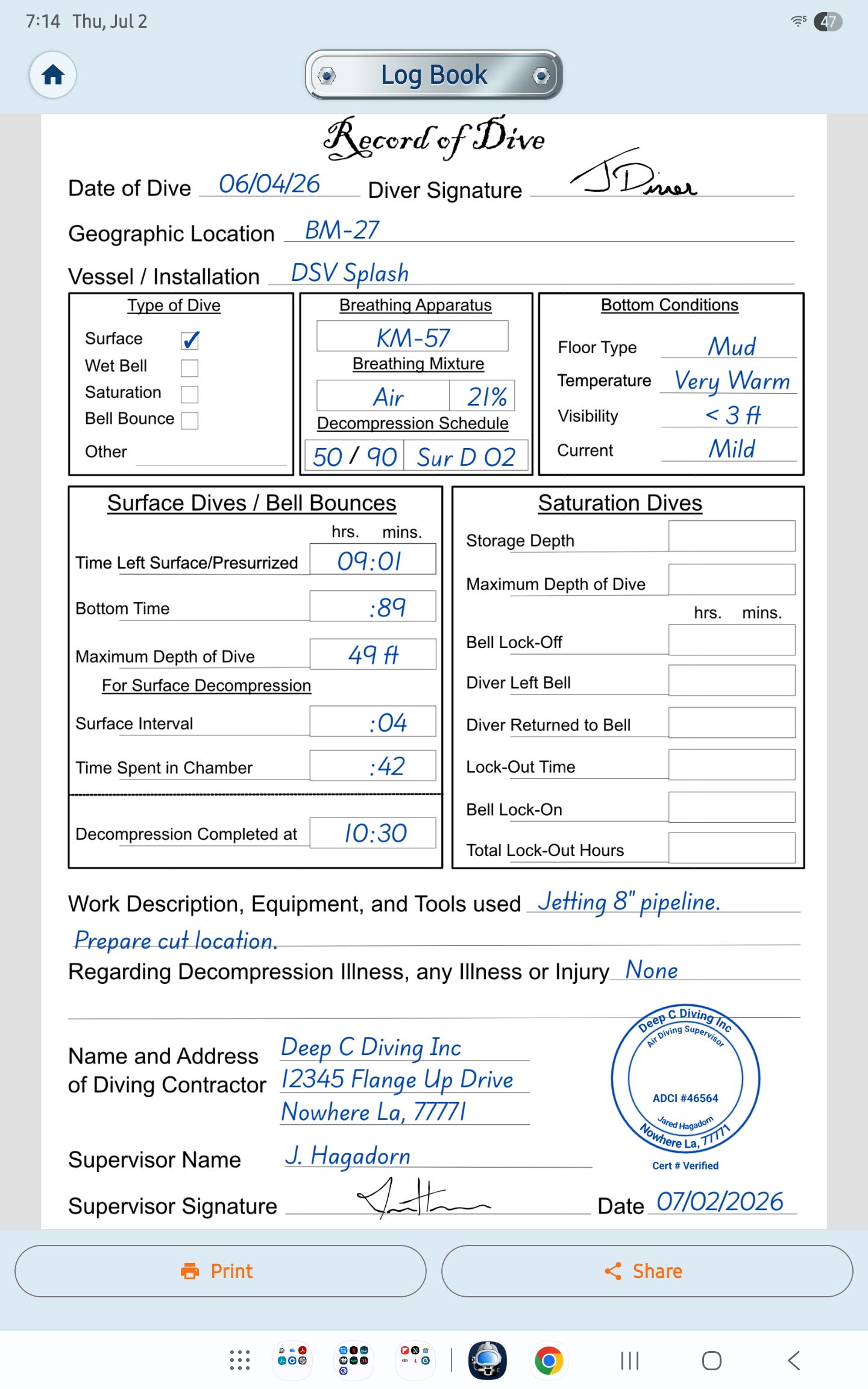 Completed HagaLog dive record page with signature and stamp