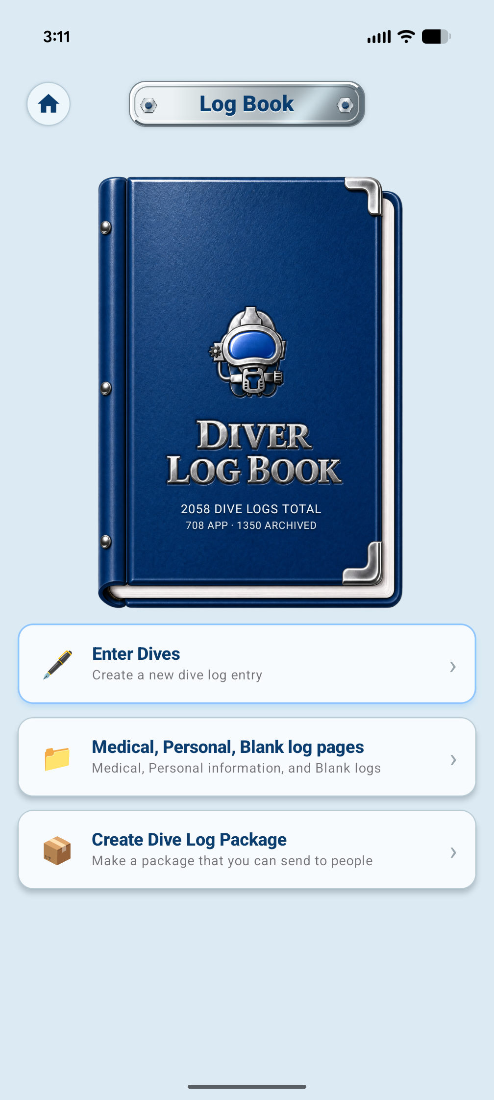 HagaLog diver log book home screen
